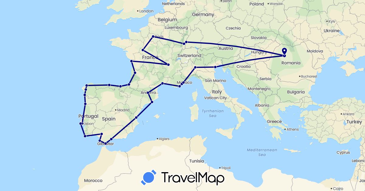 TravelMap itinerary: driving in Andorra, Germany, Spain, France, Gibraltar, Italy, Portugal, Romania (Europe)