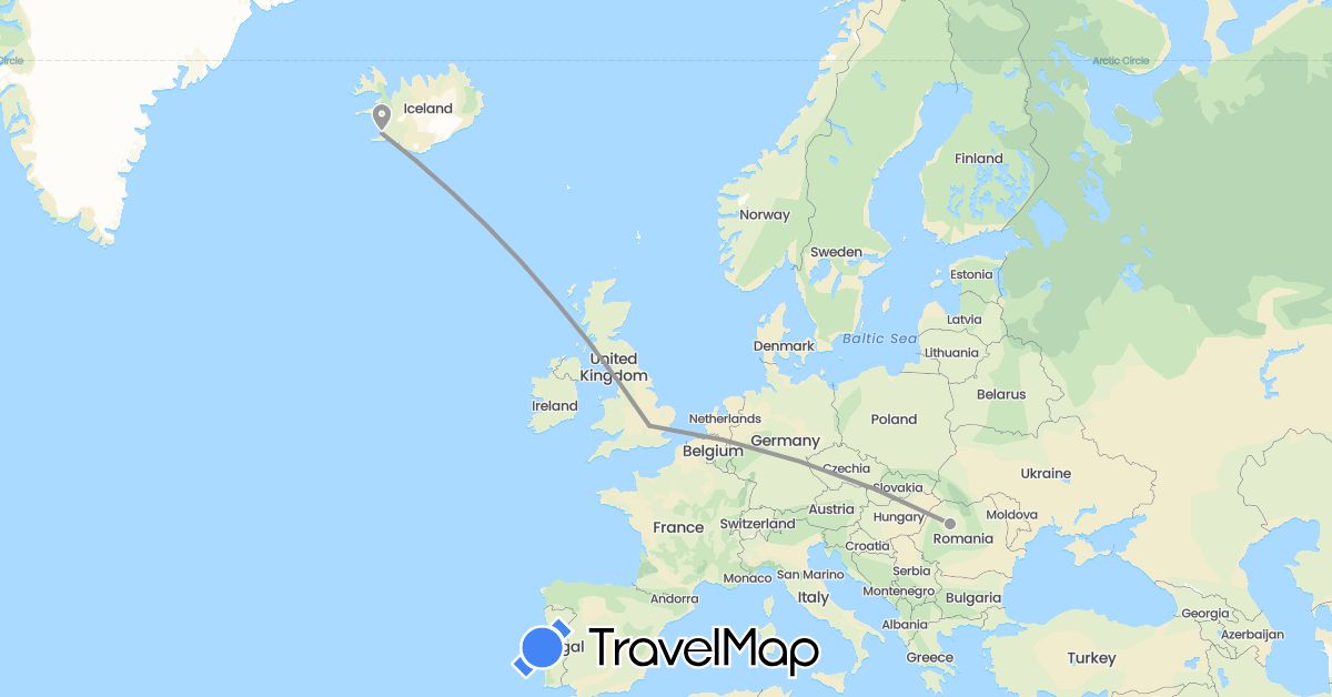 TravelMap itinerary: driving, plane in United Kingdom, Iceland, Romania (Europe)